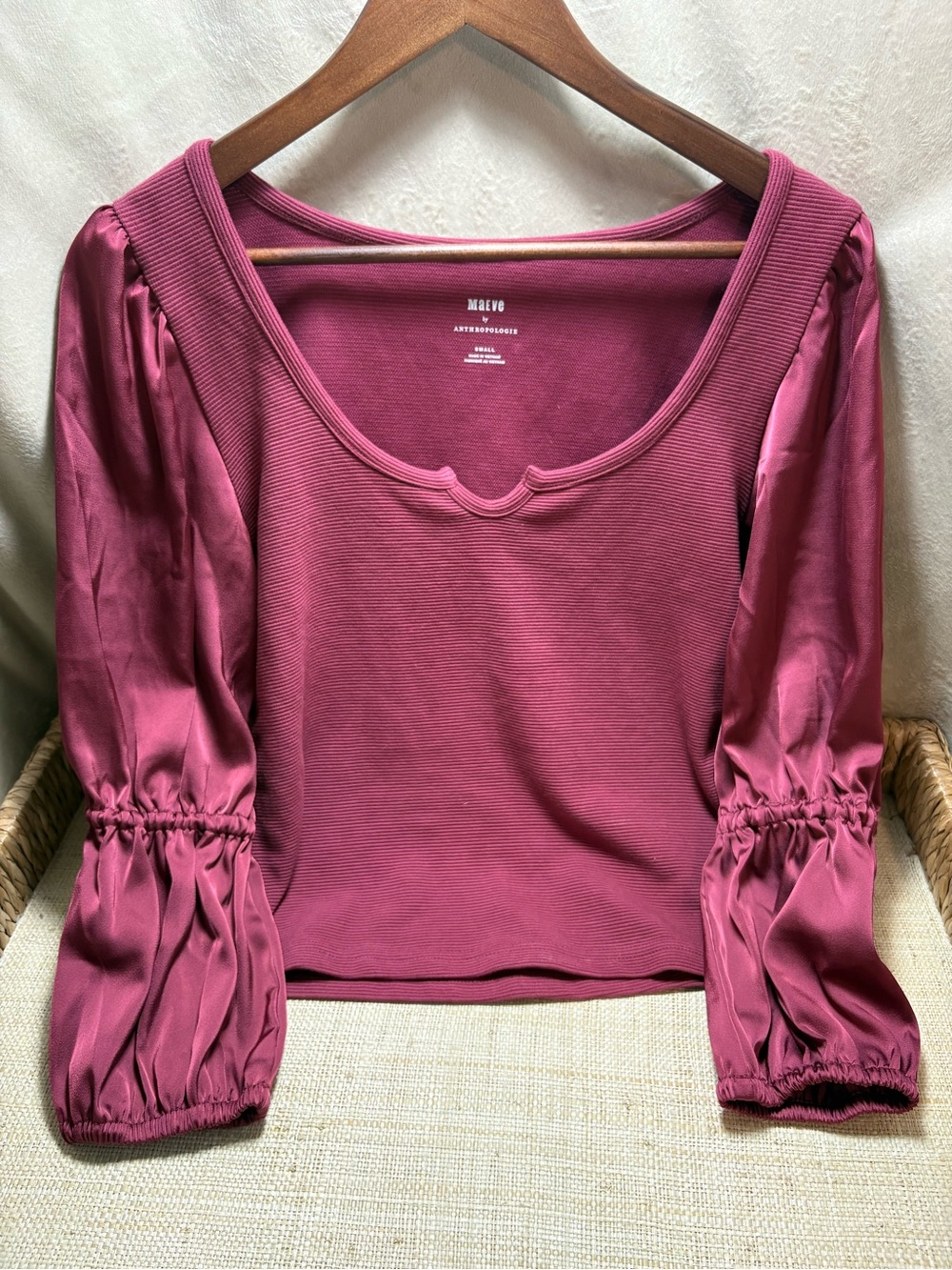 Summer Sale | Maeve by Anthropologie Ribbed Knit Satin Puff Sleeve Top Small
